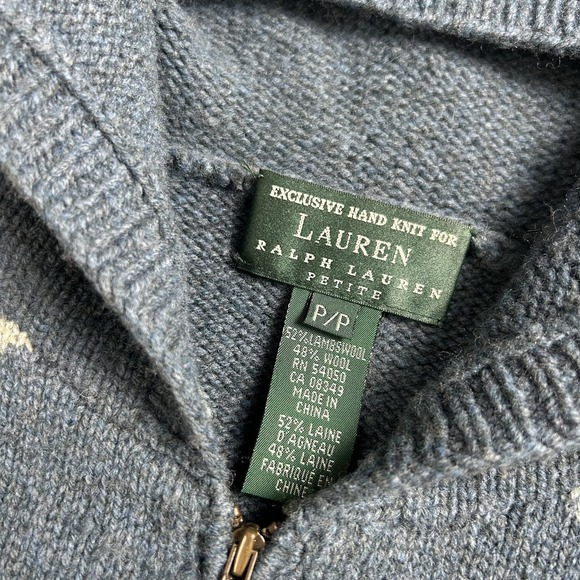 Lauren Ralph Lauren Sweater Womens Petite P/P Brown Wool Hooded Full Zip Dogs - Picture 2 of 4